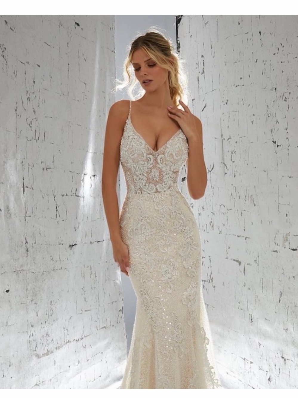 Ivory Beaded Lace Spaghetti-Strap Bridal Gown